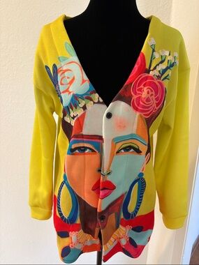 Vibrant Yellow Floral Portrait Button-Front Women's Sweater